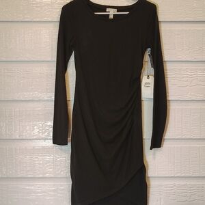 Leith Women SZ Small Dress Scoop Neck Long Sleeve Ruche Slit Little Black Dress